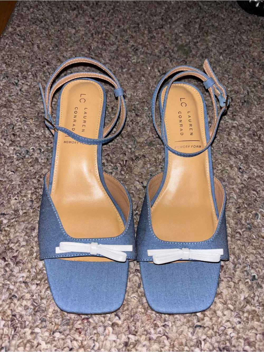 LC Lauren Conrad Blue Denim Bow Block Heel Sandals Size 10